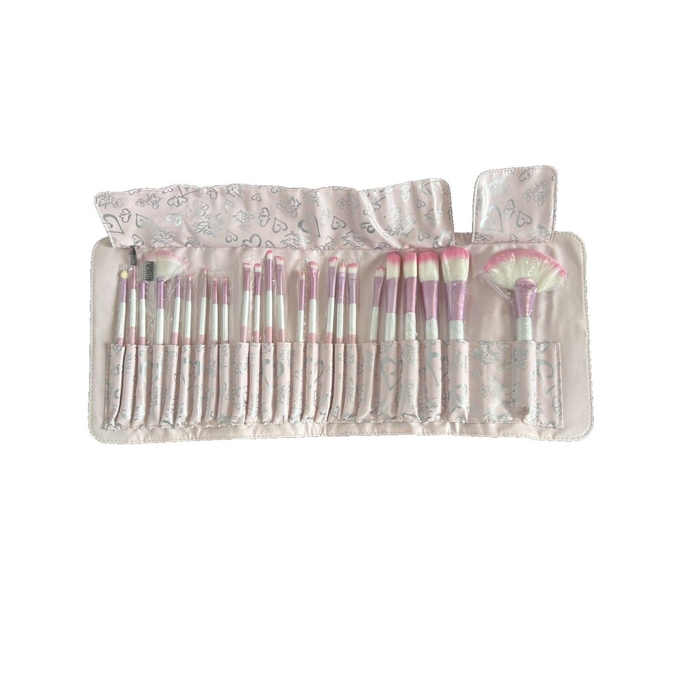 LA SANTE 24 Piece Professional MakeUp Brush Set w/Roll Up Case Pink Hearts NEW